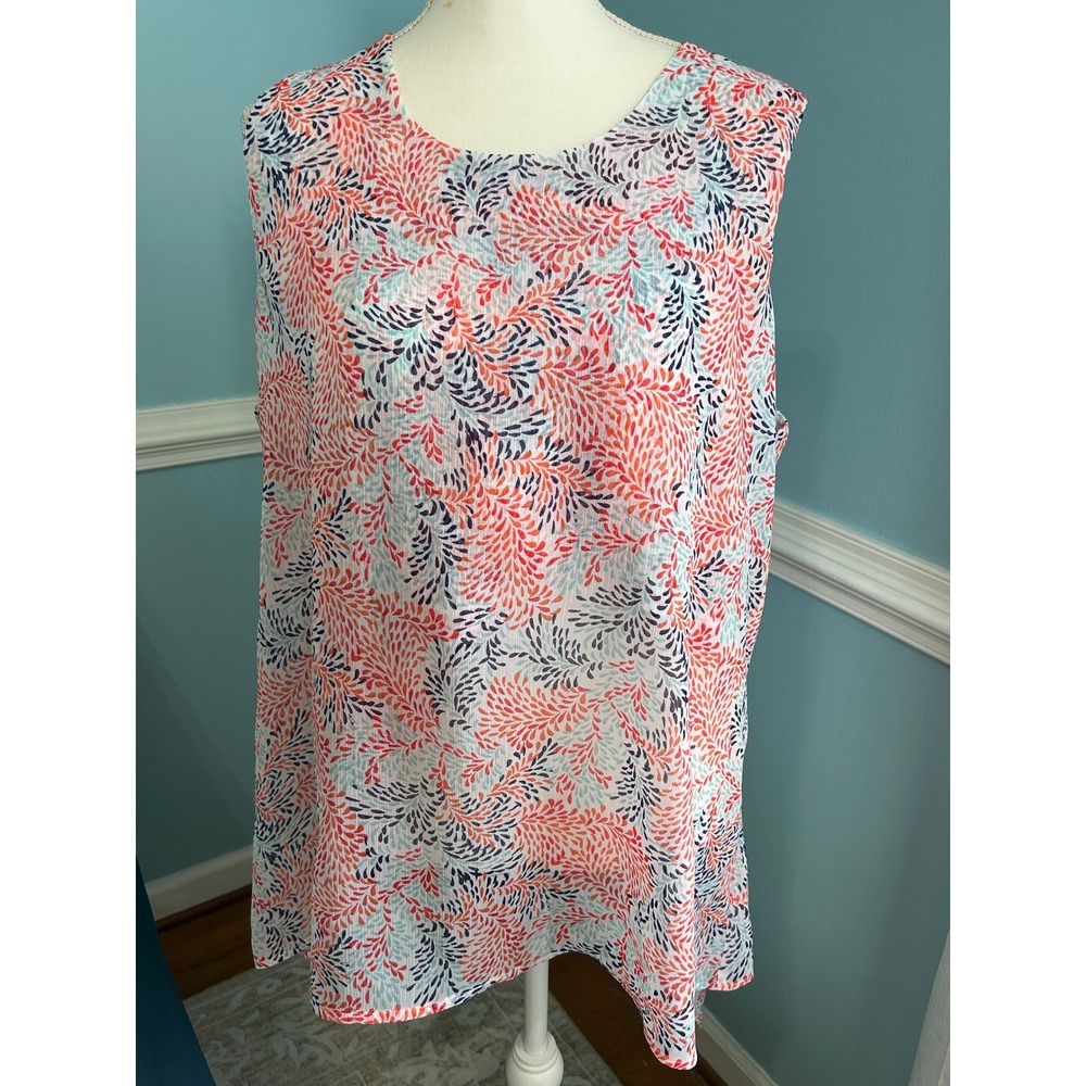 Fever Sleeveless Blouse coquette Coral Navy Leaf Print Sharkbite Hem 2XL